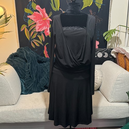 Newport News Square Laced Neck, Shirred Waist Fit & Flare Dress, Black, 10 - Picture 1 of 13