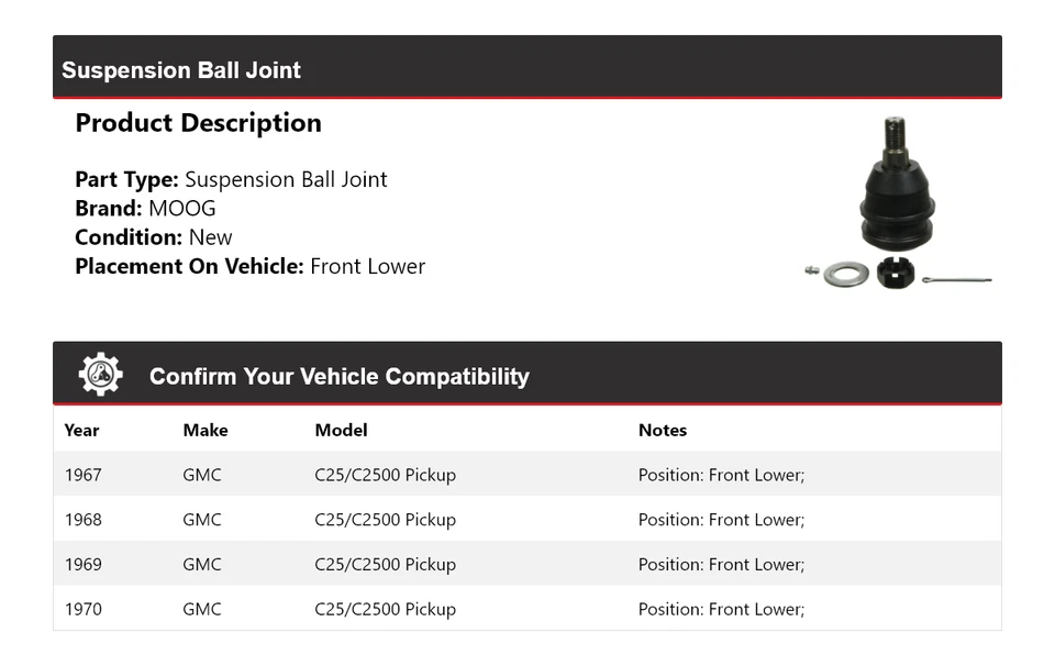 Para GMC C25/C2500 1967-1970 camioneta suspensión rótula delantera inferior MOOG 1967 Foto 2 de 4