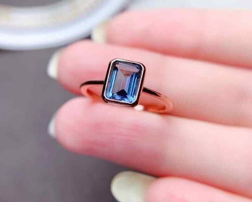 925 Sterlingsilber Natürlicher Smaragd Schliff Blauer Topas Verlobung Damen Ring - Bild 4 von 7