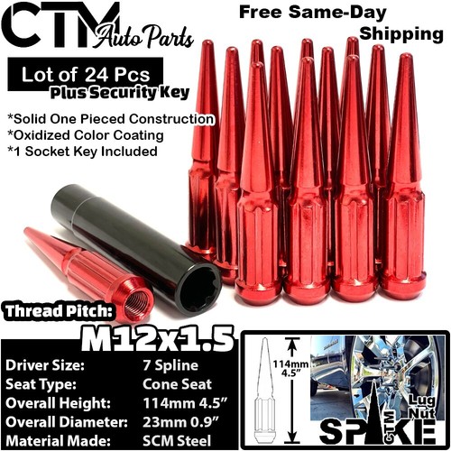 24x 4.5" Tall 12x1.5 Red Spline Spike Lug Nut + Key Fit 6-Lug Wheel Model - Picture 1 of 4