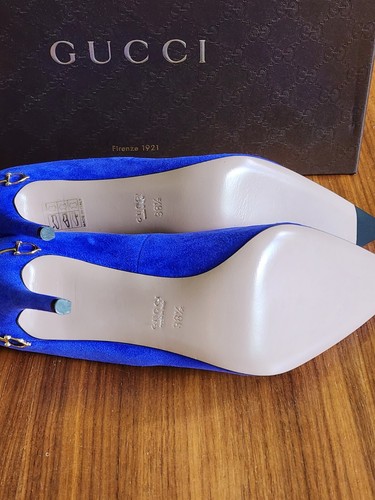 $850 NEW IN BOX Gucci Women's Blue Suede Horsebit Stiletto Pumps 8.5 38.5 Shoes - Picture 10 of 12
