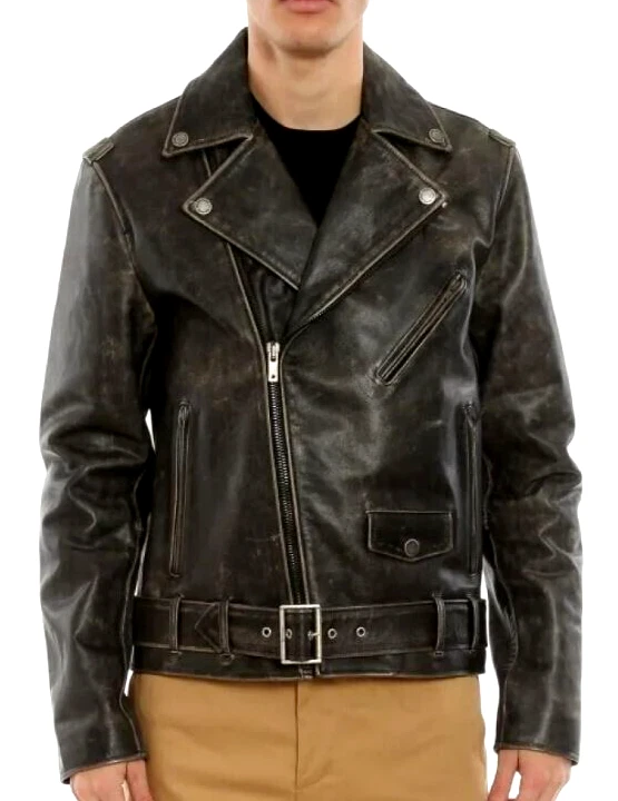 Men's Motorcycle Biker Genuine Buffalo Skin Leather jacket Brando Style Black image 5