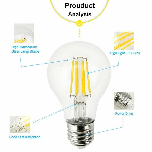 6X E27 Glühfaden LED Birne Lampenschirm Vintage COB Glas Lampe Kerze A60 - Bild 2 von 4