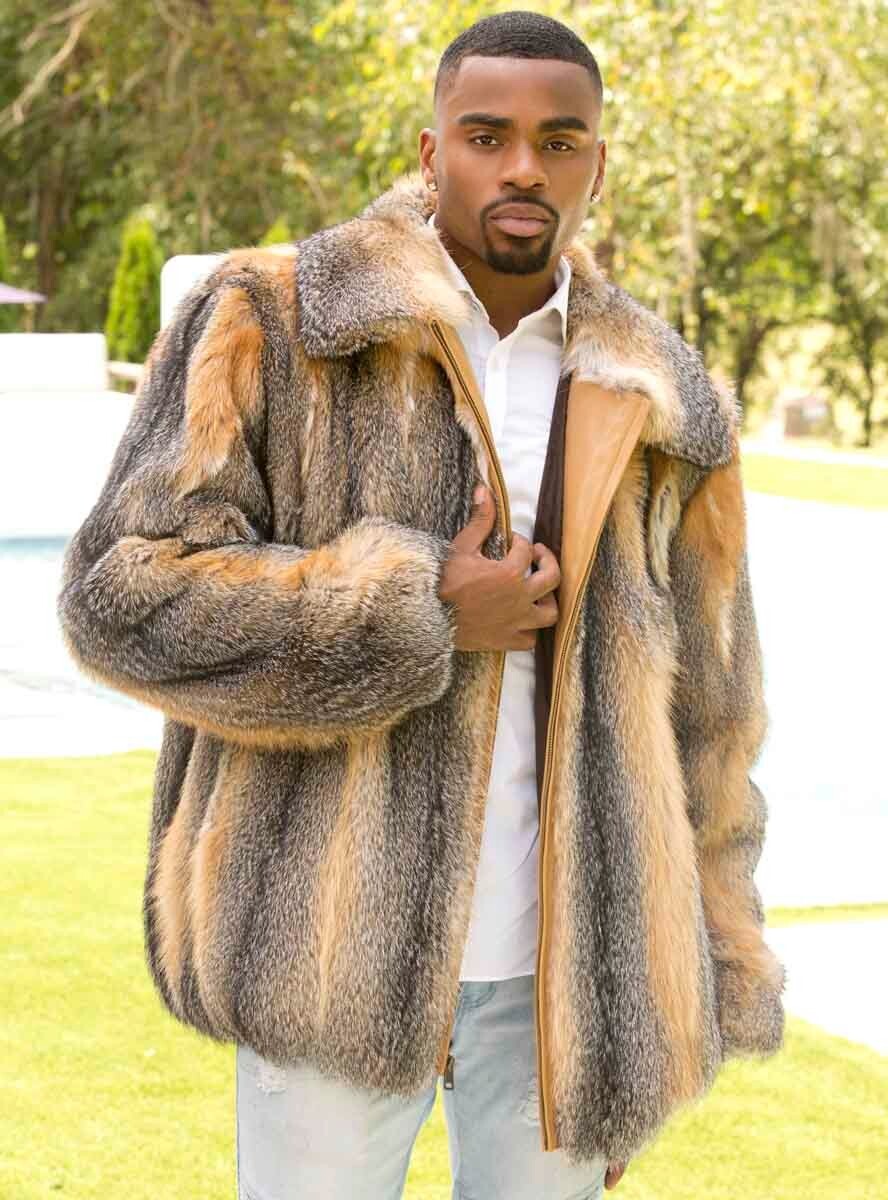 Men's Full Skin Red Grey Fox Fur Bomber Jacket with Optional