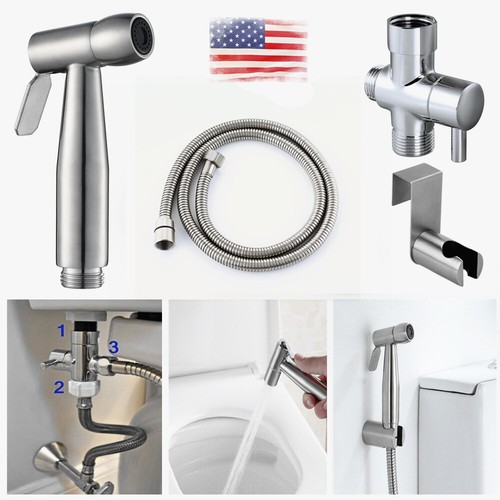 Bathroom Handheld Stainless Steel Sprayer, Hose & Holder - Shattaf Toilet Bidet - Picture 1 of 12
