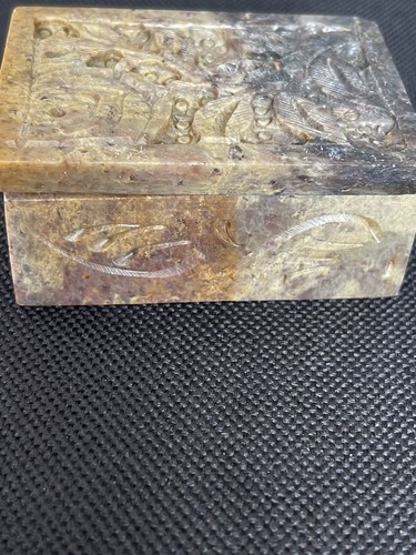 Carved Stone Trinket Box Fitted Lid Carved On Top And Sides 3 x 2 x 1.5 Inches - Picture 3 of 8