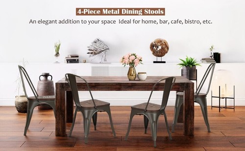 Set of 4 Stackable Metal Dining Chair 18" Kitchen Heavy Duty Stools W/Wood Seats - Picture 13 of 13