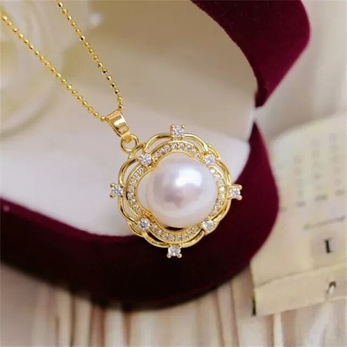 Natural Pearl 4.00Ct Round Cut Flower Pendant in 14K Yellow Gold Plated Chain