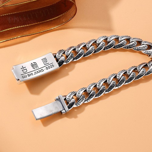 Pure S925 Sterling Silver Chain 11mm Six Words Curb Link Bracelet 62-63g 7.9inch - Picture 3 of 7