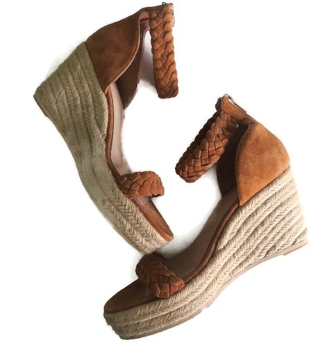 Raye Tan Brown Suede Wedge Espadrille Leather Heels Sandal Wedge Shoes Size 39 - Imagen 9 de 10