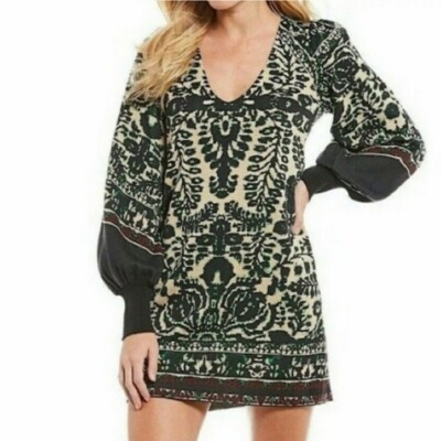 FREE PEOPLE Music and Lyrics Printed Mini Dress Black Green RARE Boho | eBay