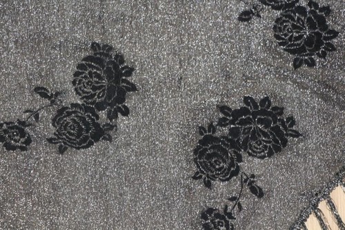 Black shawl with fringe, Vintage triangle scarf, Silver metallic accents, Floral - Picture 5 of 8