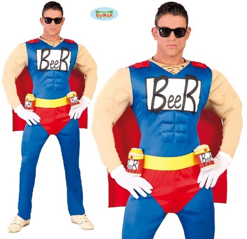 Mens Beer Man Fancy Dress Costume Beerman Superhero Stag Night Outfit fg - Picture 1 of 8