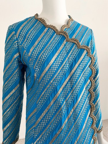 Oscar De La Renta 1960s Size S Turquoise Metallic Gold Silk Mini Dress Scallop - Picture 6 of 21