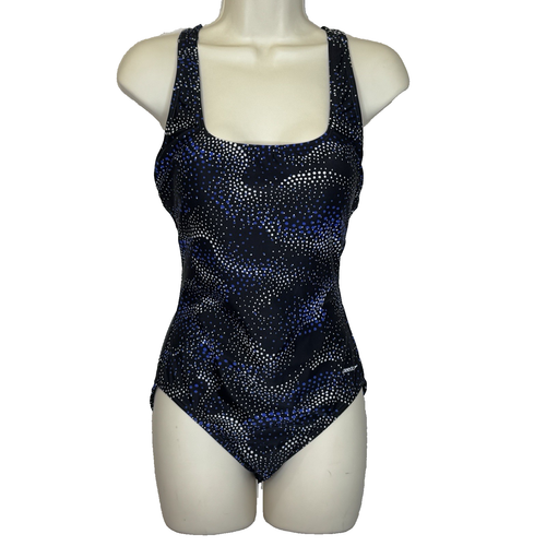 Speedo Einteiler Badeanzug Damen 10 schwarz gepunktet Tank eckiger Ausschnitt Racerback