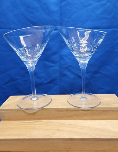 Pier 1 Slant Angled Rim Crackle Martini Glasses Set Of 2 Clear Cosmo Cocktail - Picture 9 of 12