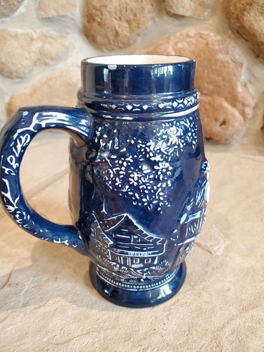 Blue Ceramic Stein Family Scene in Mountain Village w/ handle 7.25" tall - Picture 6 of 13