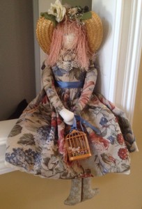 Unique-Fabric-Cloth-Doll-With-Straw-Hat-and-Birdcage-from-the-early-90s