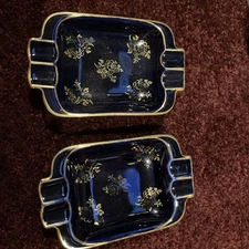Two cobalt blue limoges ashtrays Gold Trim Roses Matching Set!￼