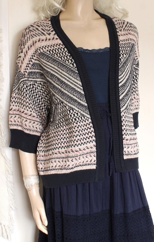 Per una cream Navy fairisle cotton open Cardigan Jacket size 10–12 boho Peruvian - Picture 2 of 10