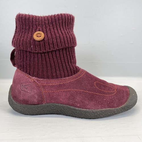 Keen Shay Damenstiefel Größe 6,5 burgunderrot Wildleder Strickmanschette Knopf Knöchel warm gemütlich - Bild 1 von 11