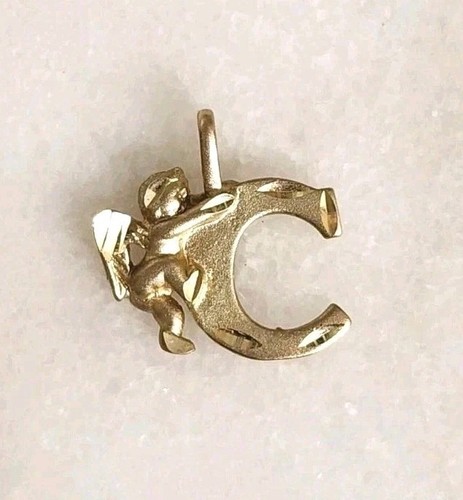 10K Solid Gold Cherub Angel Michael Anthony Letter Initial "C" Pendant Charm 1g