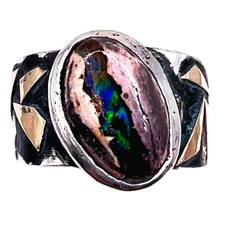 Artisan 14k Gold Accent Sterling Silver Mexican Opal Oval 11 mm Wide Ring SZ 8