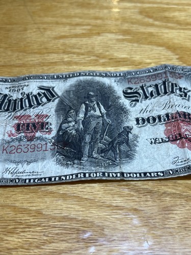 Series of 1907 $5 United States Woodchopper Red Seal Five Dollar Bill - Picture 3 of 7