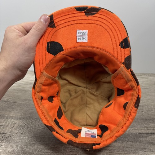 VTG Cabela's Orange Spot Camo Fitted Insulated Hunting Hat Earflaps Large USA - Picture 7 of 14