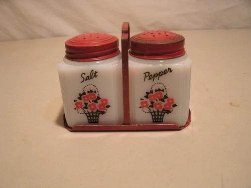Old Salt & Pepper Shakers Milk Glass Made in USA With Red Metal Cap & tote