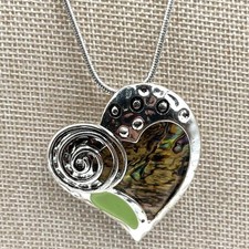 Vintage Silver Tone Heart Pendant Necklace Green Iridescent Inlay Statement Boho