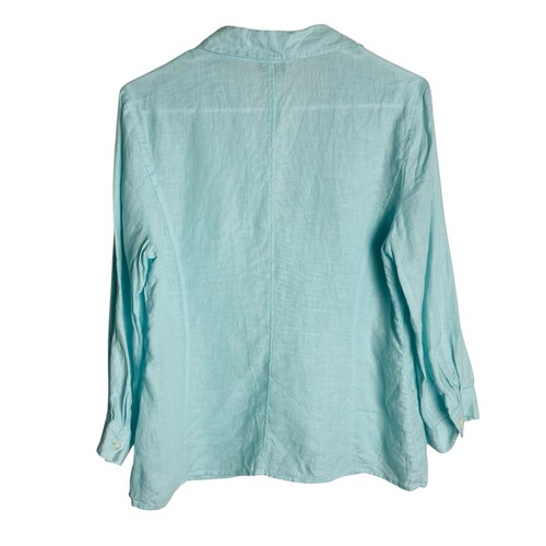 Talbots Pure Irish Linen Blouse Top Womens 10 Aqua 3/4 Sleeve V Neck Button Up - Picture 2 of 6