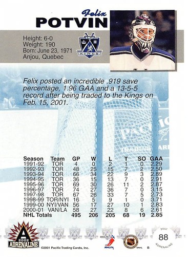 2001-02 Pacific Adrenaline Hobby (GOLD) #88 Felix Potvin - Picture 2 of 2