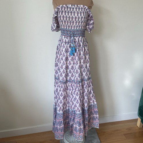 ALICIA BELL Mallory Maxikleid Blockprint gesmokt schulterfrei neu ohne Etikett Größe XS - Bild 8 von 12