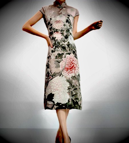 TANGMEN traditionelles chinesisches Kleid Cheongsam Qipao grau Blumen Midi Flügelärmel L - Bild 1 von 16