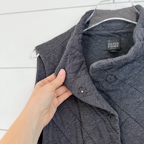 EILEEN FISHER Vest Women 1X Gray Diamond Quilted Cotton Snap - Picture 4 of 8