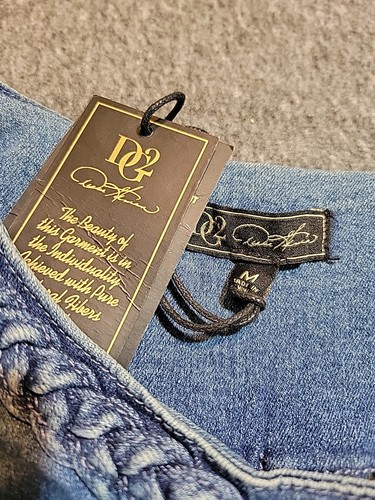 Dg2 Diane Gilman Denim Jacket Sz MED Dark Wash Faded Lattice Braided Stretch  - Picture 3 of 12