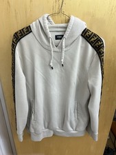 Fendi Mens FF Tape Hoodie IT 52 Beige Brown Cotton Drawstring