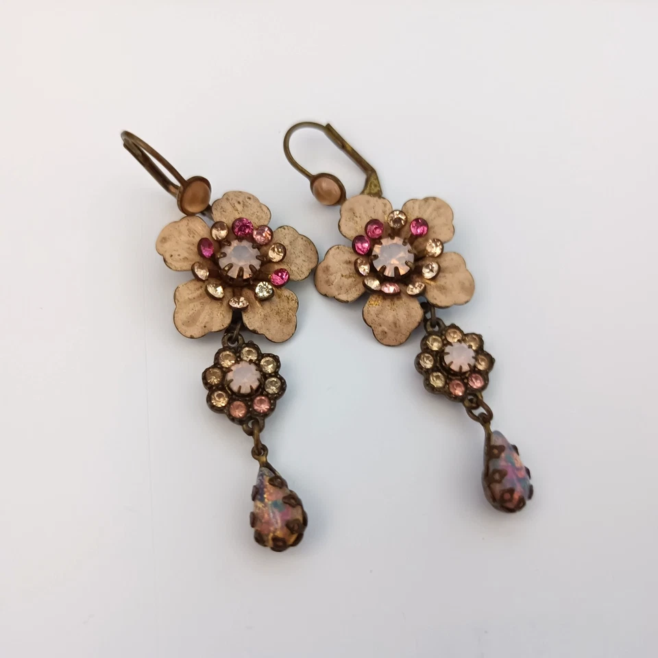 Pendientes colgantes florales vintage cristal rosa romántico Shabby Chic esmalte boho Foto 2 de 4