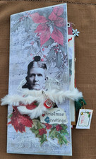 Handmade Christmas Emphemera Junk Journal Folder Tim Holtz Buttons Fur Trim