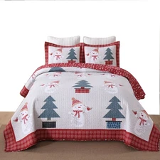 3 Pcs Snowman & Tree Christmas Quilt Reversible Holiday Bedspread Set BY217