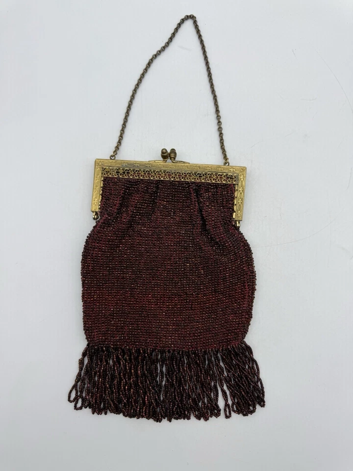 Art Deco Enamel Frame 1930s Antique Red Beaded Purse Flapper Bag Loopy Fringe - Image 2 of 4
