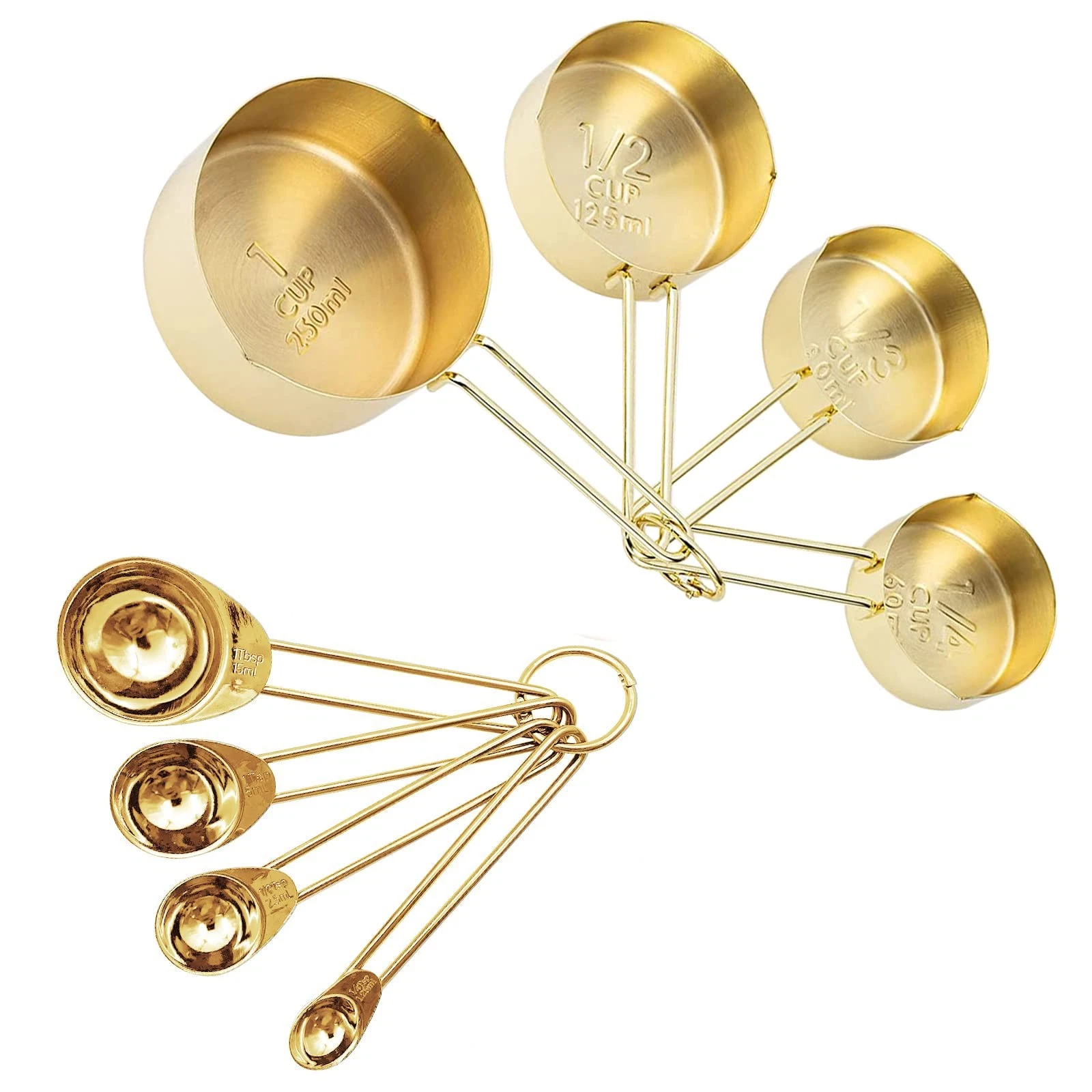 Gold Measuring Cups and Spoons Set, 8 PCS Metal Measuring Cups and Stainless ...