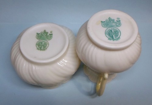 Vintage BELLEEK SAHNEKÄNNCHEN & ZUCKERDOSE - Wirbel & gelbes Band feines Porzellan - Bild 8 von 10