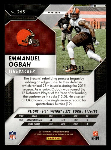 Panini Prizm #265 2016 Emmanuel Ogbah Orange Rookie Prizm #d/299 marrón - Imagen 2 de 2
