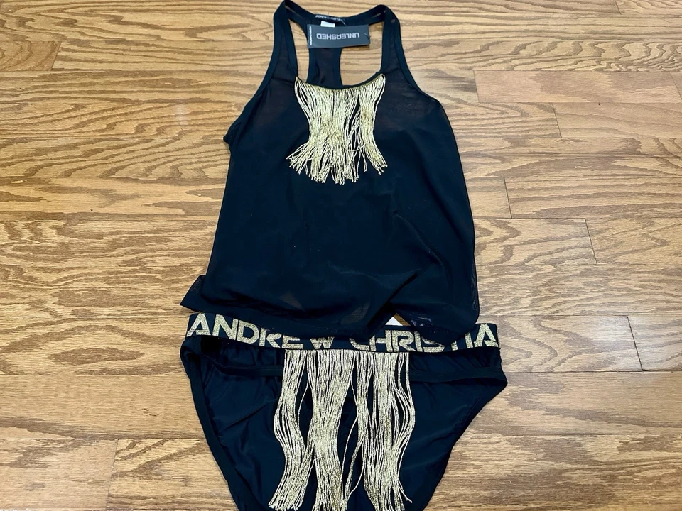 Andrew Christian Oro Lamé Flecos Negro Tanque Calzoncillos Desatados Conjunto XL 2023 Transparente Foto 3 de 4