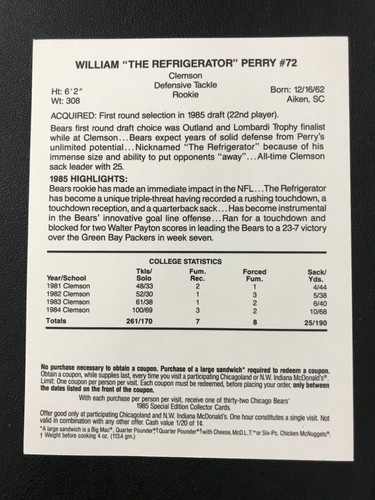 1985 McDonald's Chicago Bears William Perry Orange w/ Tab HIGH GRADE - Picture 2 of 2