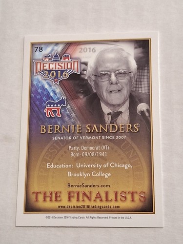 Tarjeta de político Bernie Sanders Decision The Finalists 2016 #78 Vermont - Imagen 2 de 2