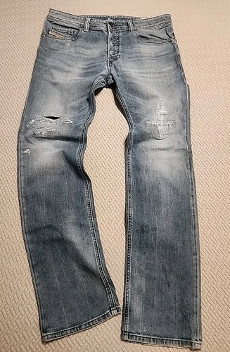 Diesel Jeans Mens 33x32 Blue Safado Stretch Distressed Faded Out Worn Whiskered