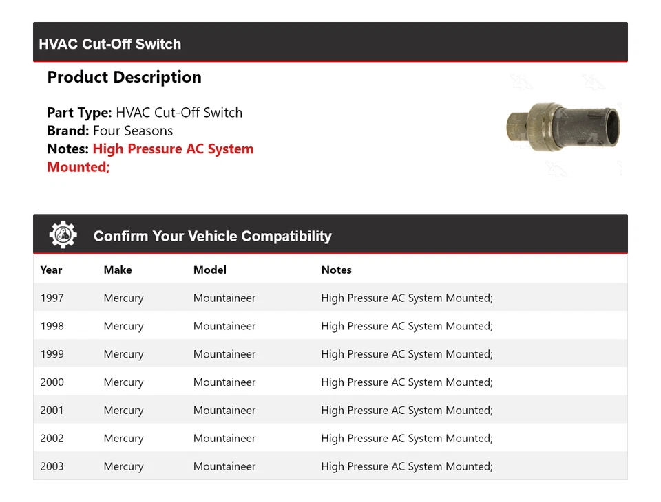 For 1997-2003 Mercury Mountaineer HVAC Cut-Off Switch 4 Seasons 1998 1999 2000 - Image 2 of 4